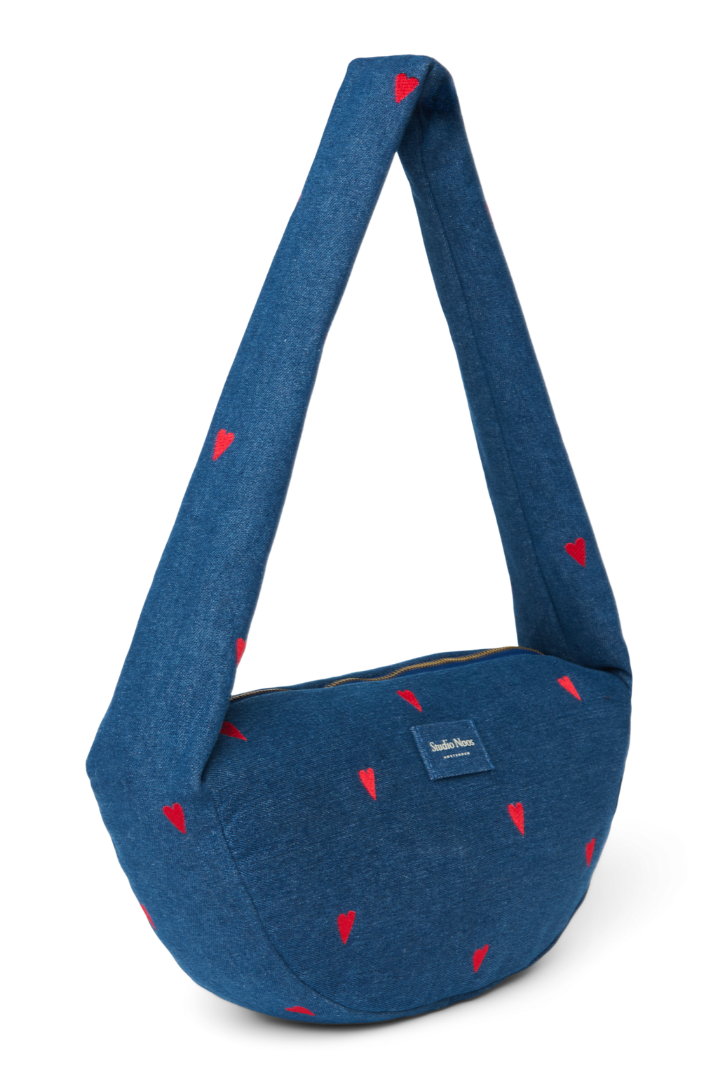 Denim Mini-schoudertas | Donkerblauw met rode hartjes