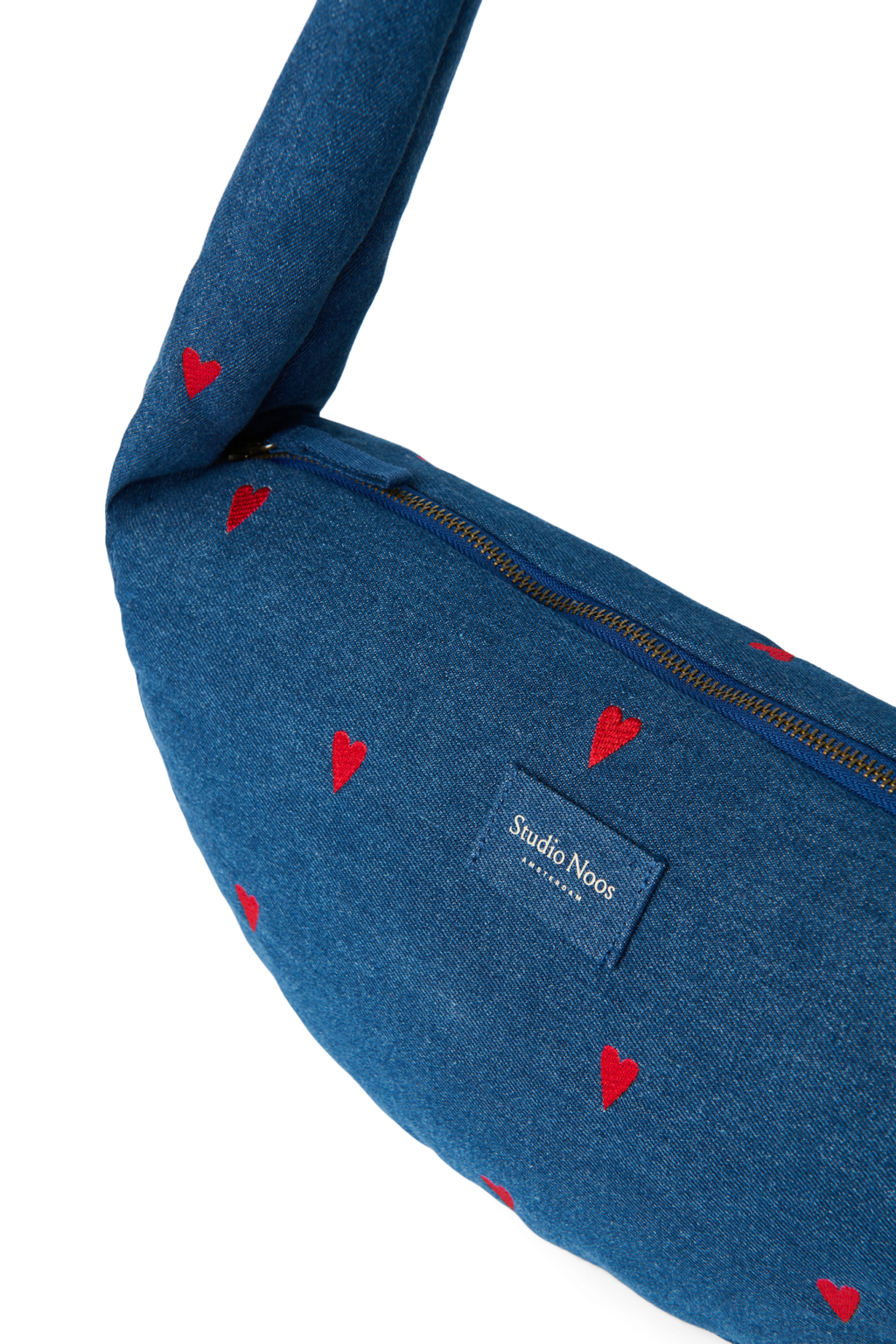 Denim Mini-schoudertas | Donkerblauw met rode hartjes