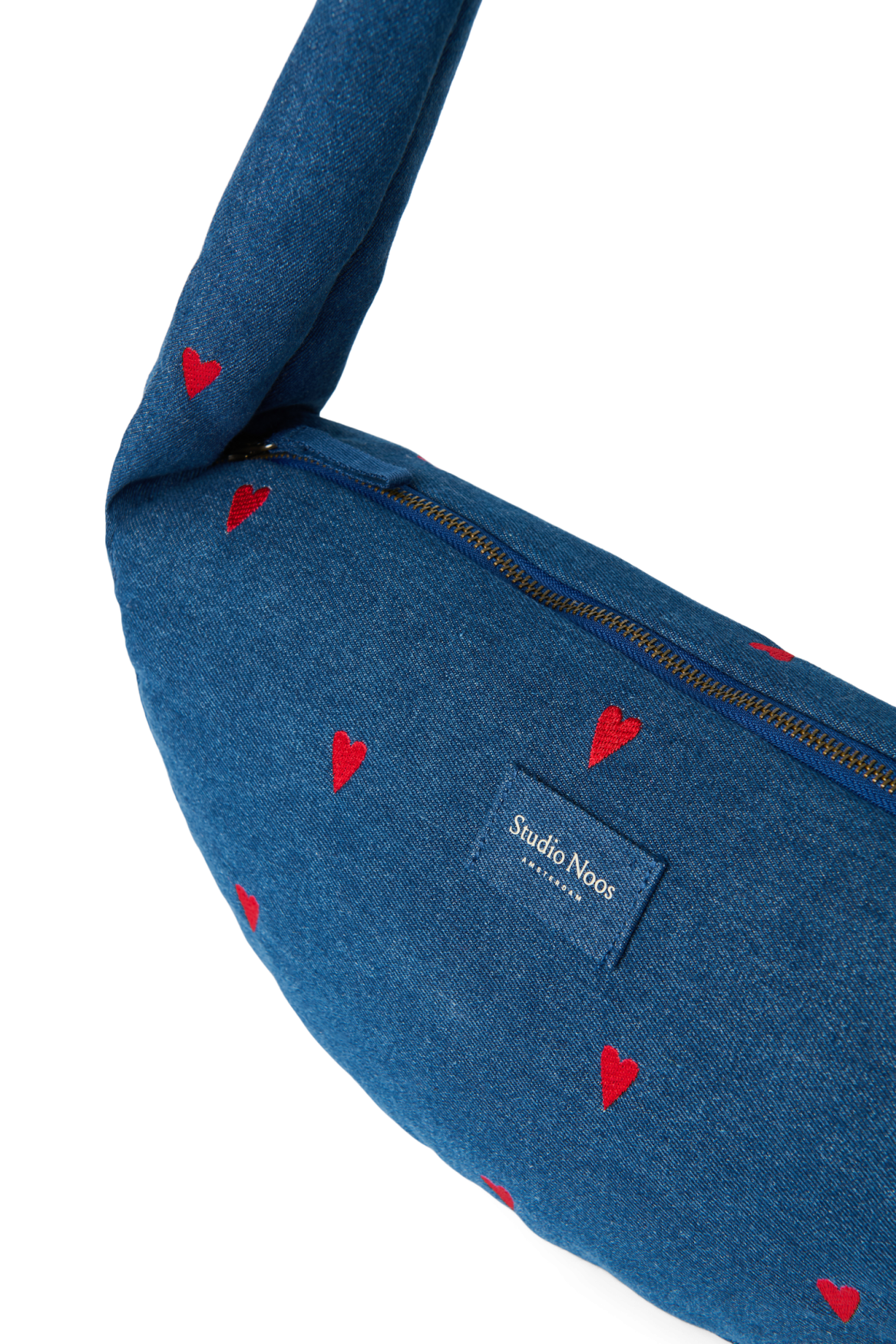 Denim Mini-schoudertas | Donkerblauw met rode hartjes