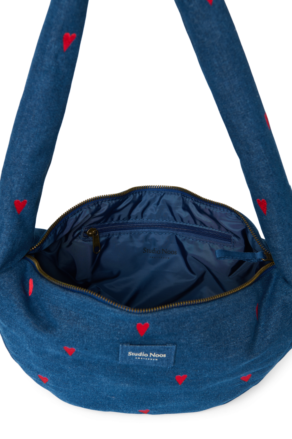Denim Mini-schoudertas | Donkerblauw met rode hartjes