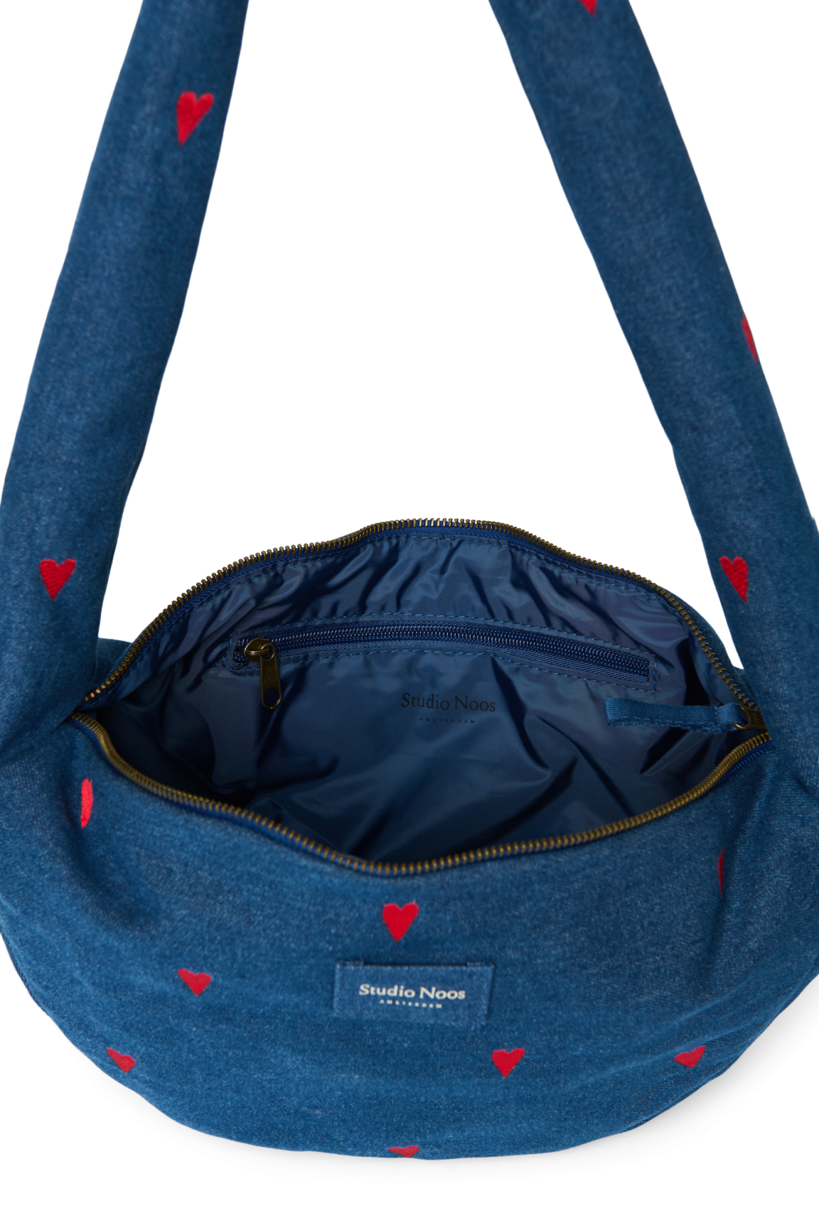 Denim Mini-schoudertas | Donkerblauw met rode hartjes