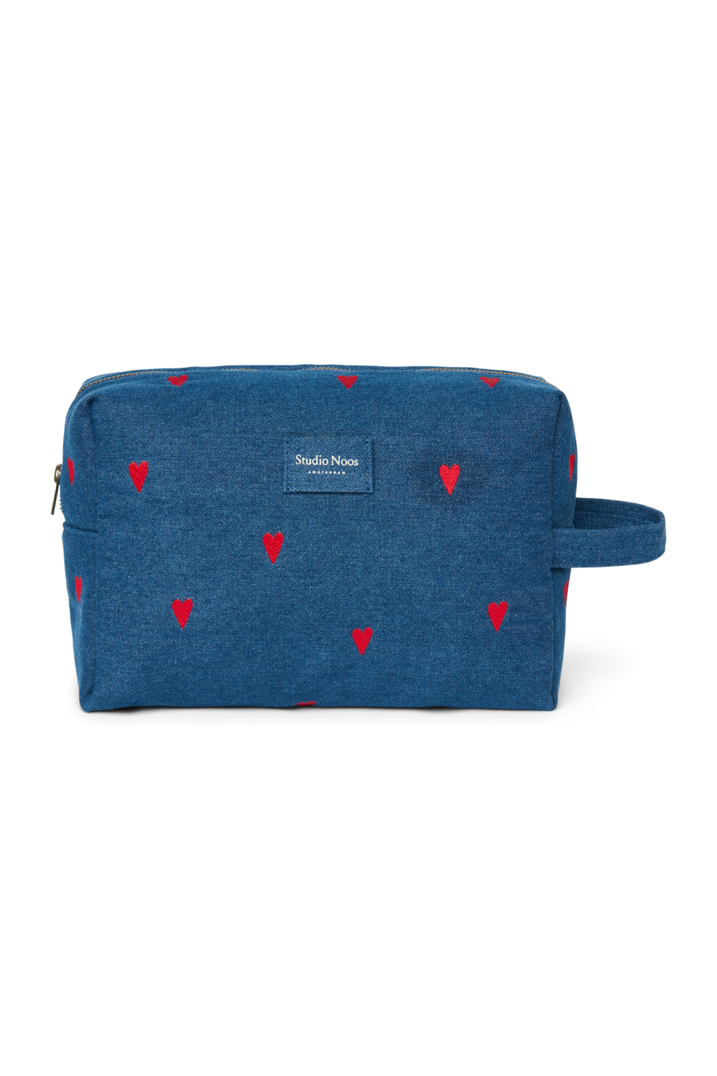 Denim toilettas | Donkerblauw met rode hartjes