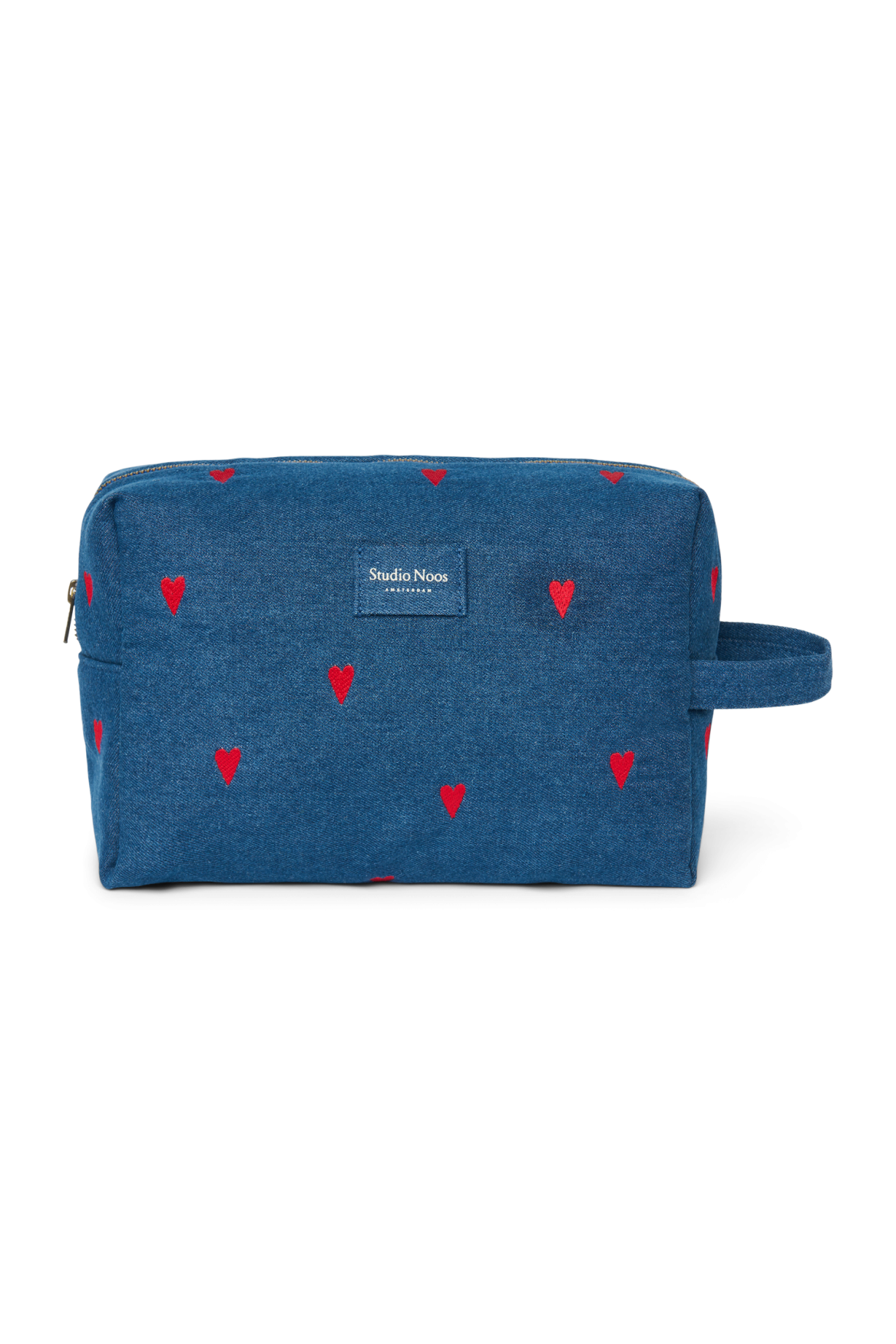 Denim toilettas | Donkerblauw met rode hartjes
