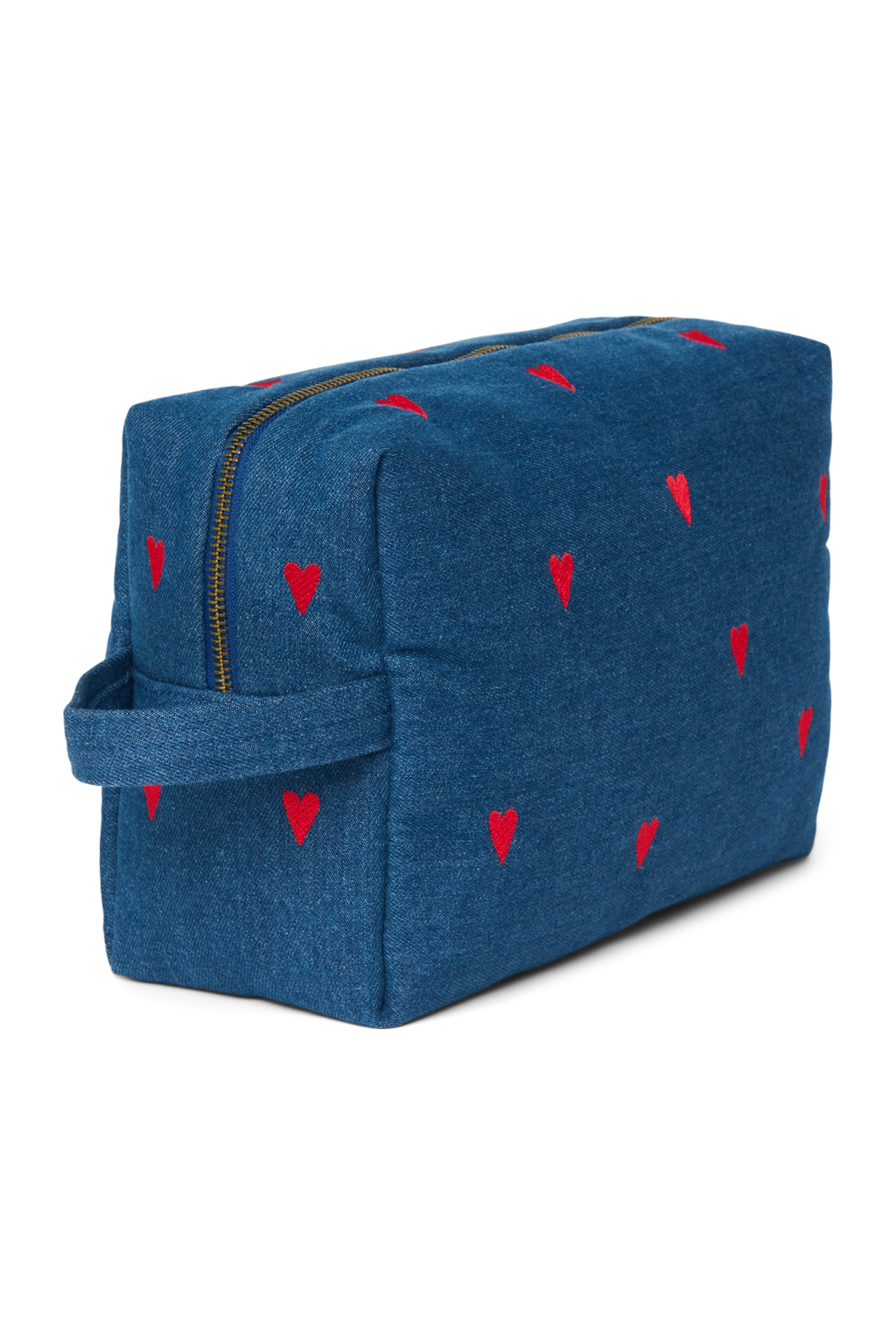 Denim toilettas | Donkerblauw met rode hartjes