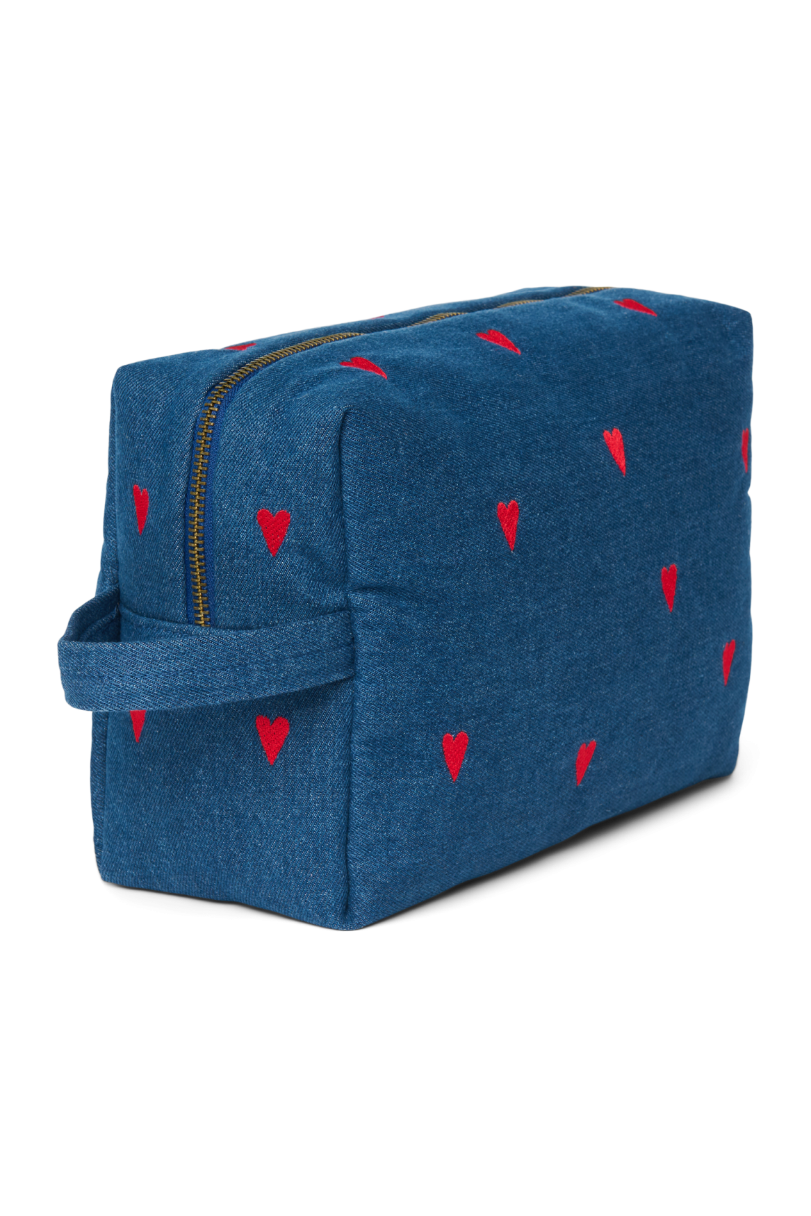Denim toilettas | Donkerblauw met rode hartjes