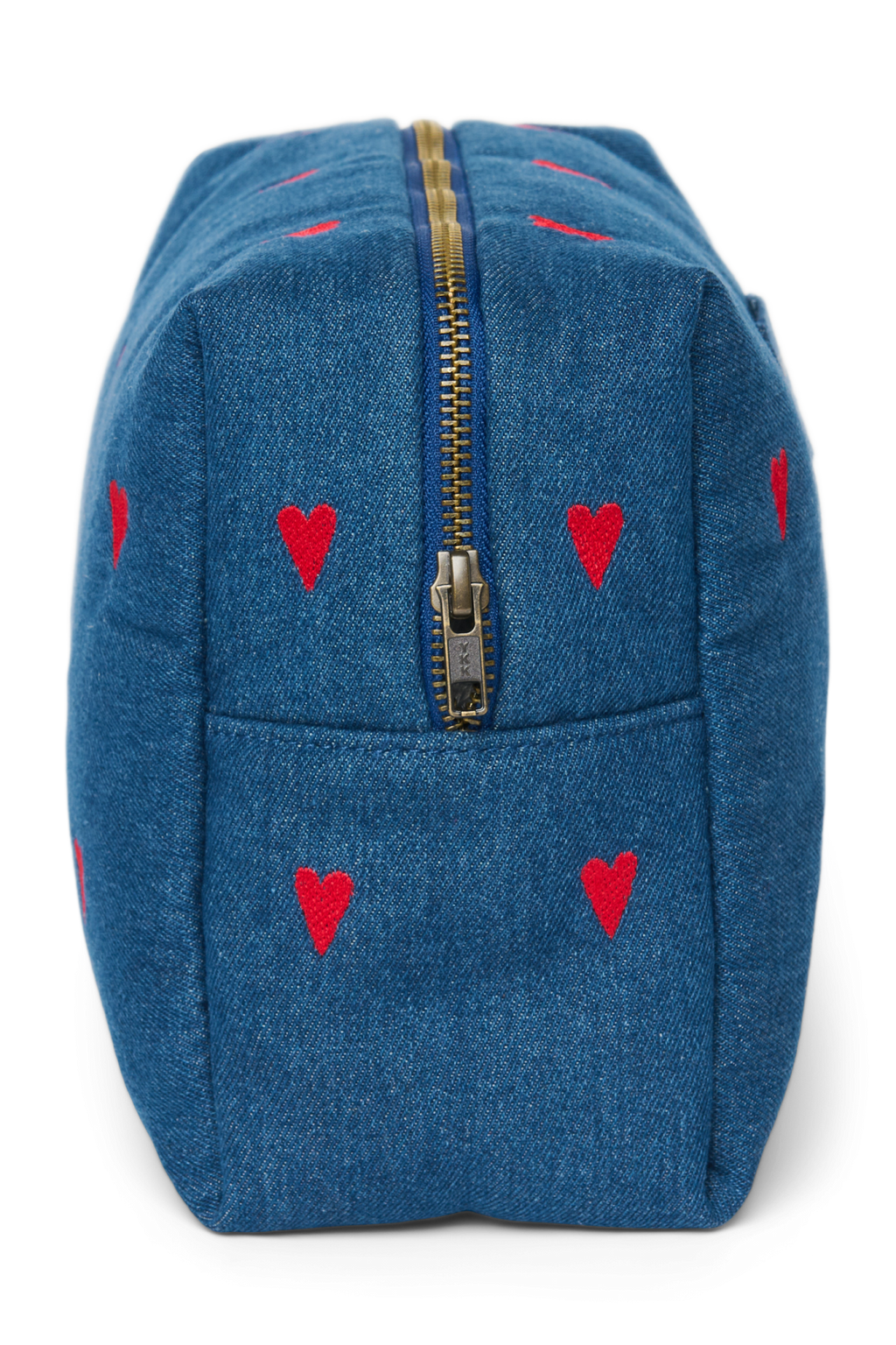 Denim toilettas | Donkerblauw met rode hartjes