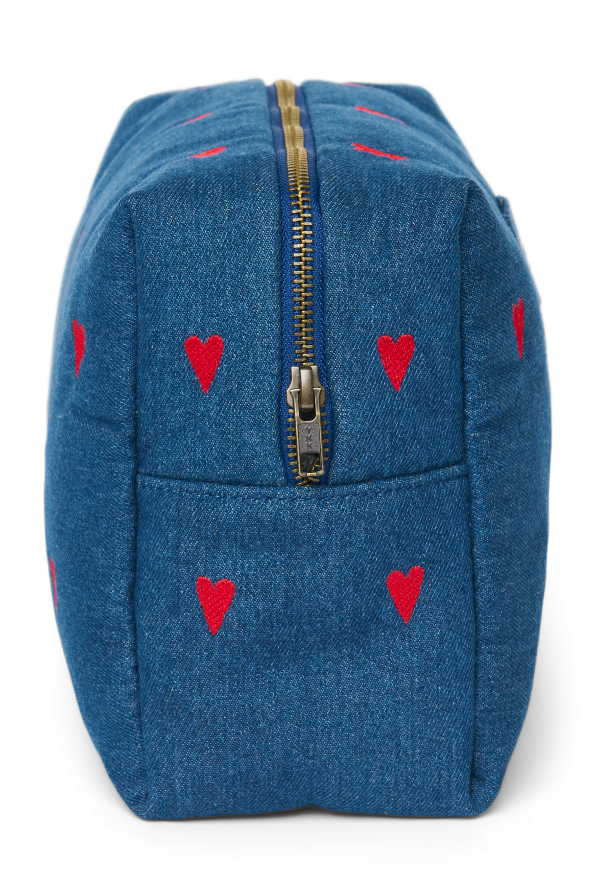 Denim toilettas | Donkerblauw met rode hartjes