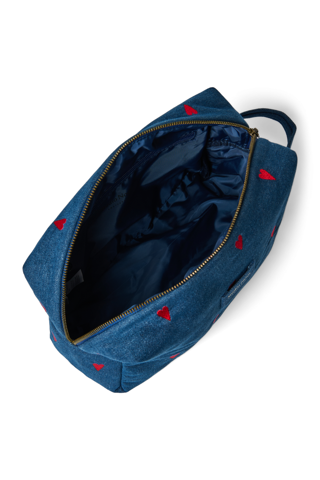 Denim toilettas | Donkerblauw met rode hartjes