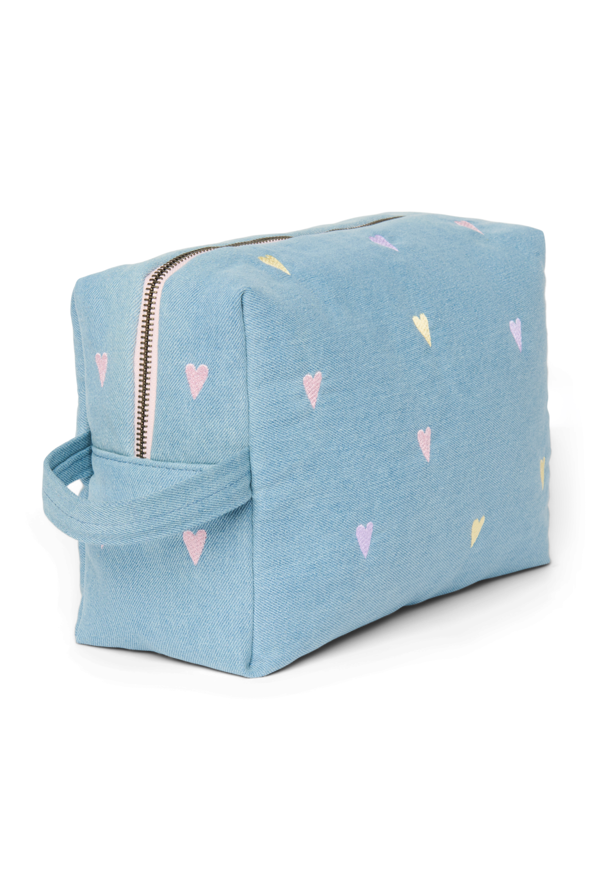 Kulturtasche aus Denim | Hellblaue Herzen