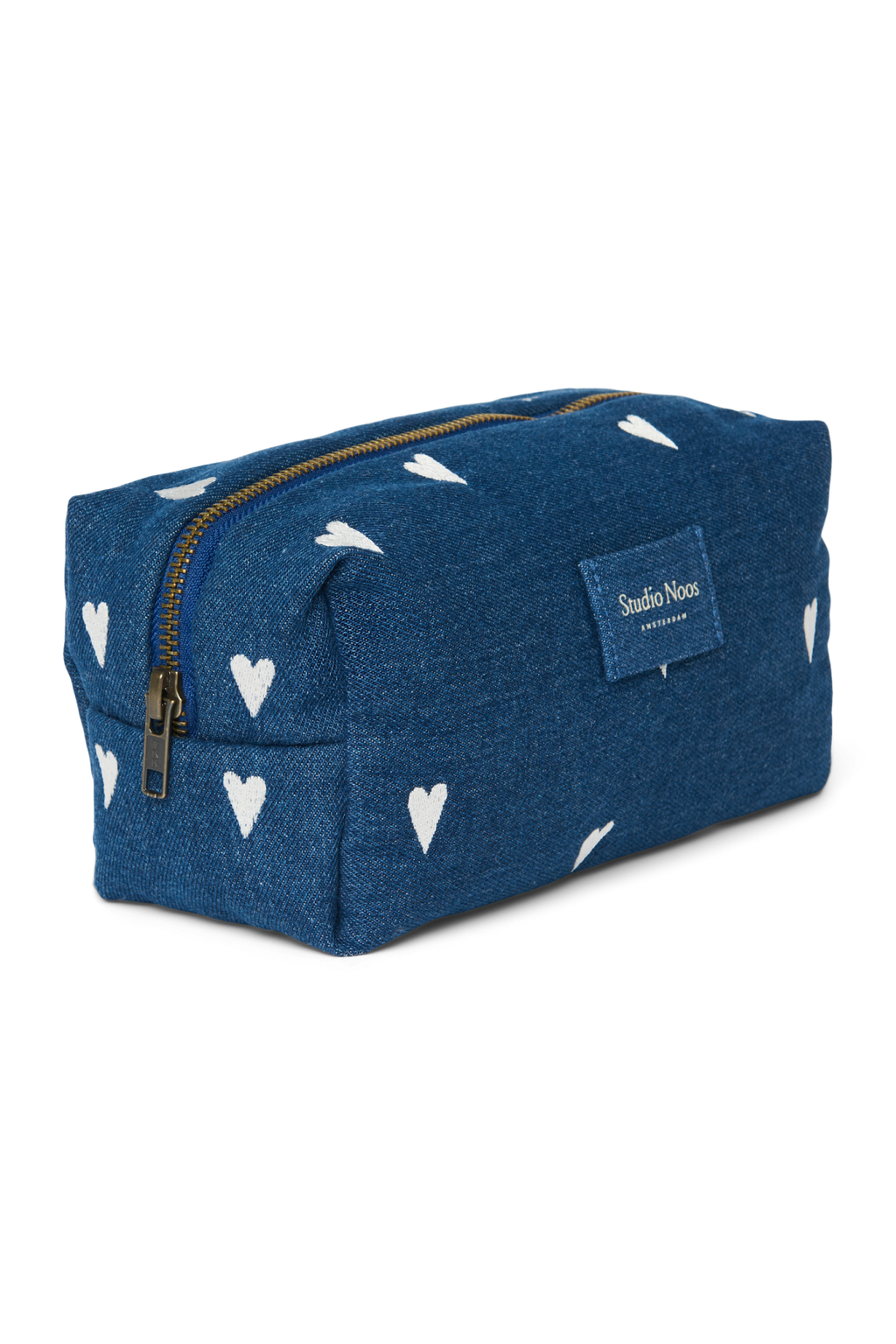 Denim etui | Donkerblauw met witte hartjes