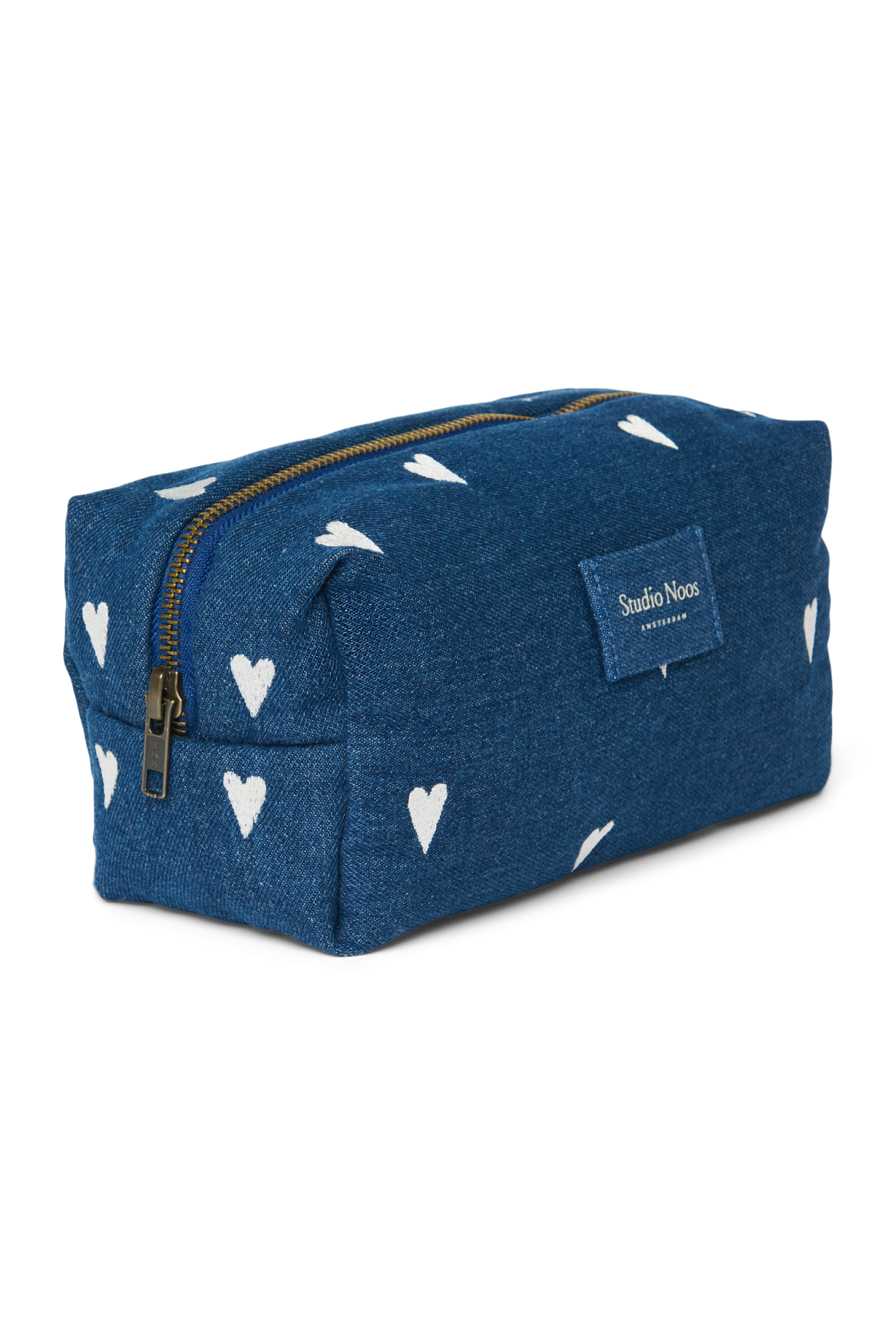 Denim etui | Donkerblauw met witte hartjes