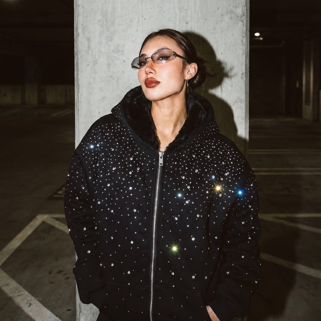 VYBES Rhinestone Galaxy Zip Up (Fur Lined)