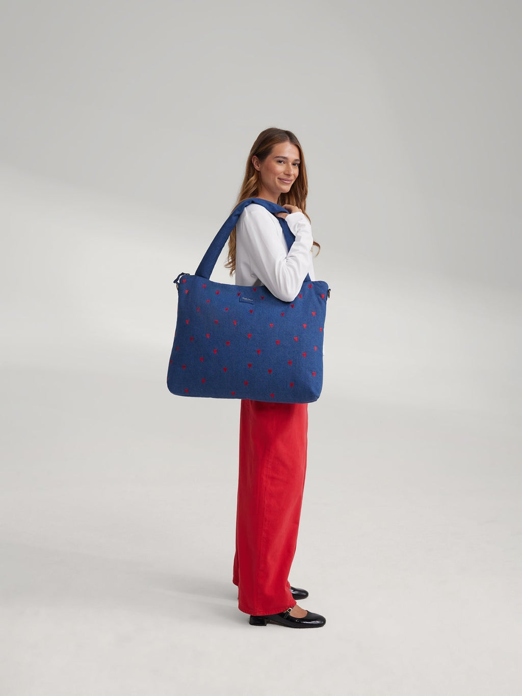 Jeans-Wickeltasche | Dunkelblau Rote Herzen