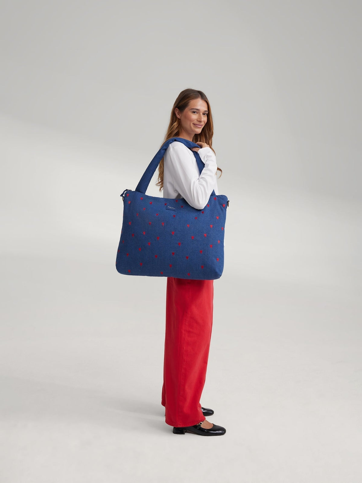 Jeans-Wickeltasche | Dunkelblau Rote Herzen
