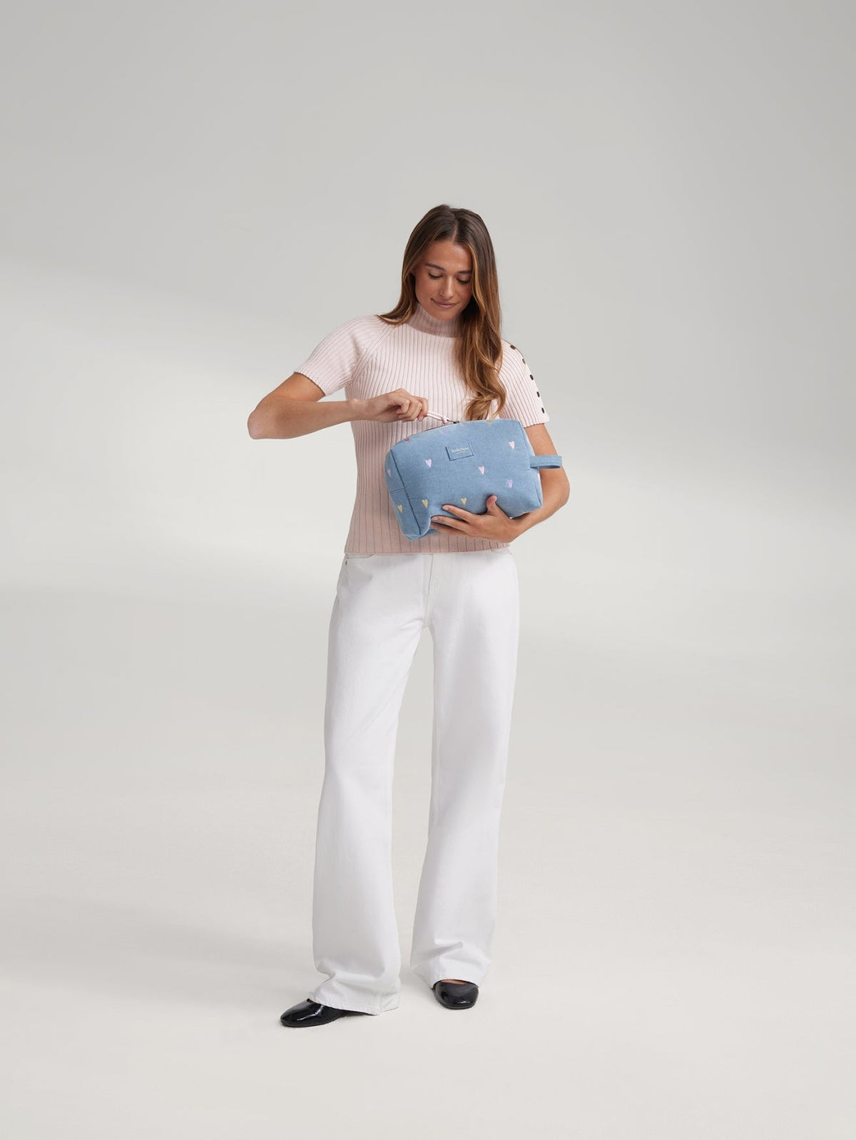 Kulturtasche aus Denim | Hellblaue Herzen