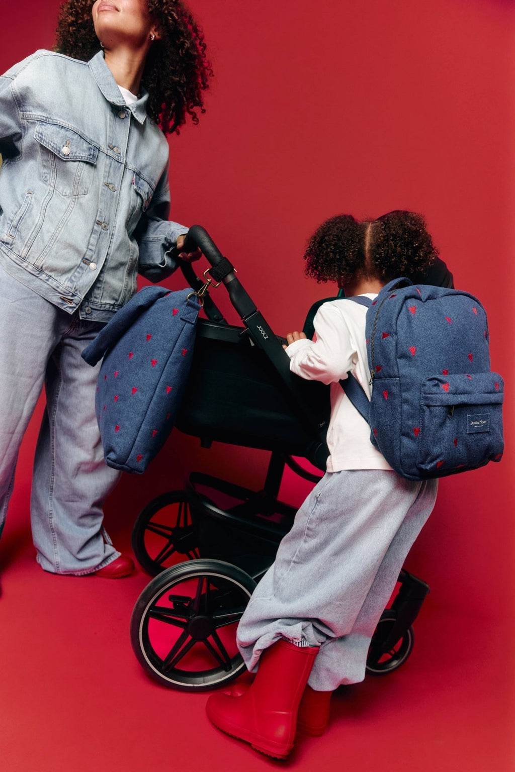Jeans-Wickeltasche | Dunkelblau Rote Herzen