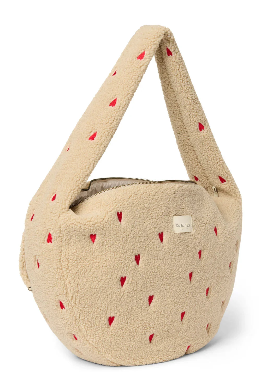 Ecrukleurige teddy schoudertas met hartjes