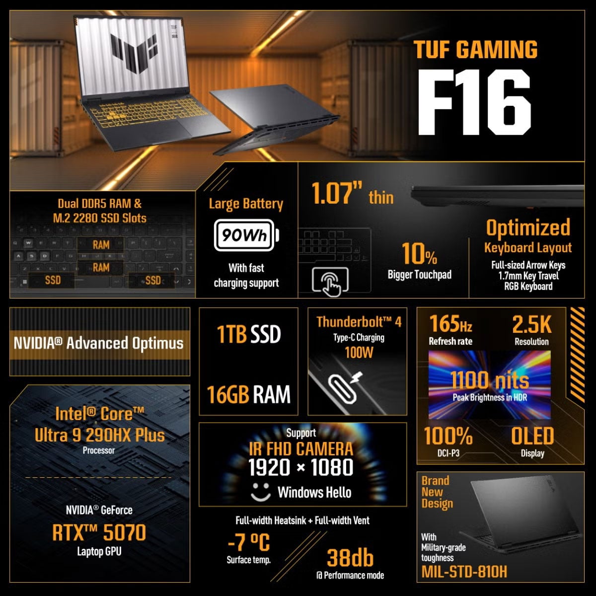 ASUS TUF Gaming F16 Gaming Laptop 16-Inch Intel Core 9 290HX Plus 16GB RAM 1TB SSD, NVIDIA GeForce RTX 50 - image 5