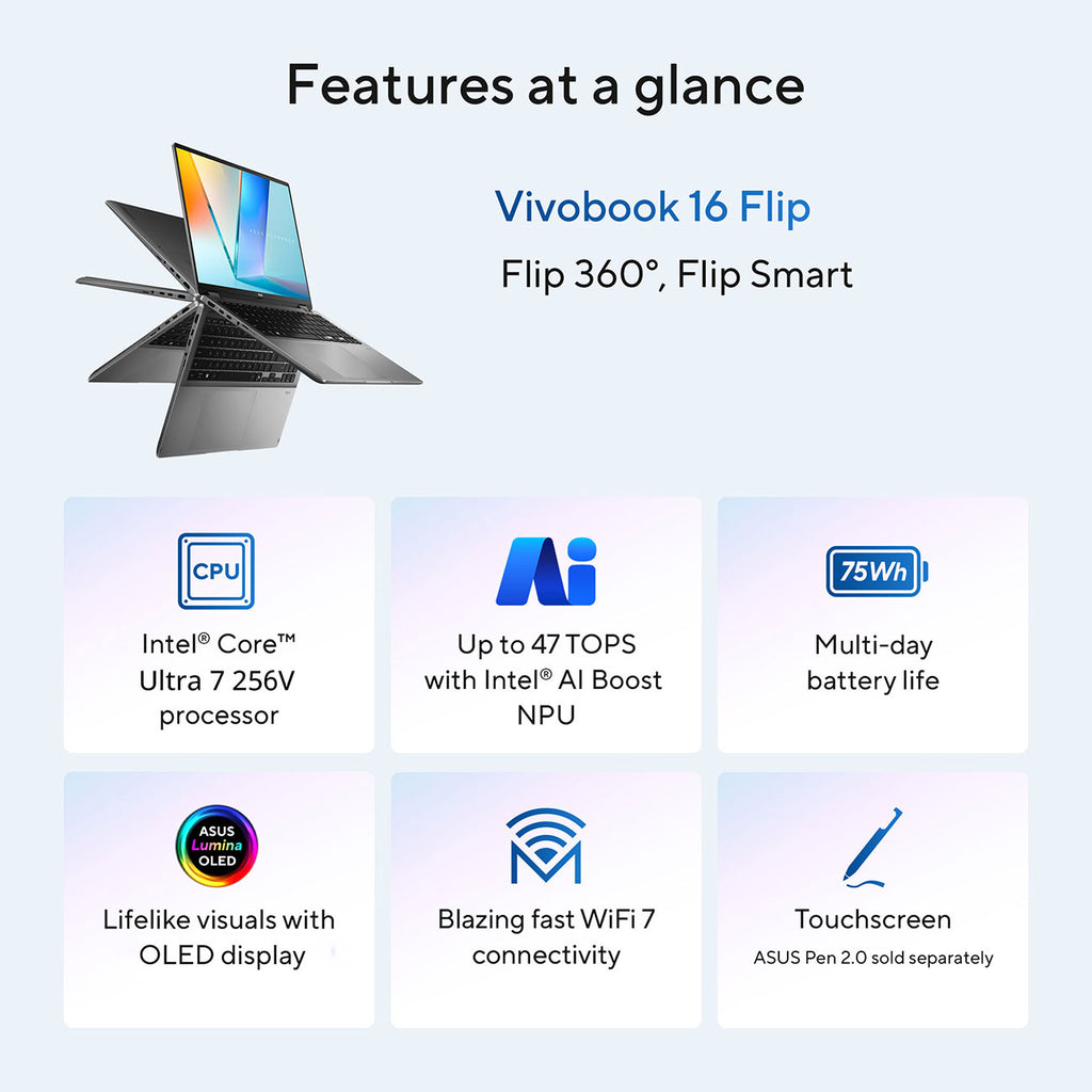 ASUS Vivobook 16 Flip Copilot+ PC Touchscreen Laptop 16-Inch Intel Core Ultra 7 256V 16GB RAM 512GB SSD i - image 7