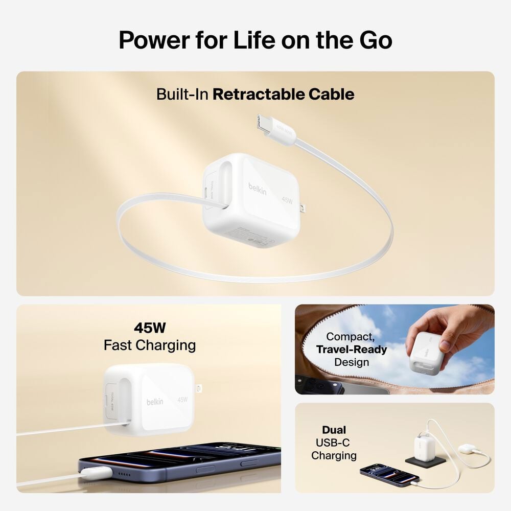 Belkin Retractable GaN Wall Charger 45W with USB-C Cable in White - WCH023DQWH - image 6