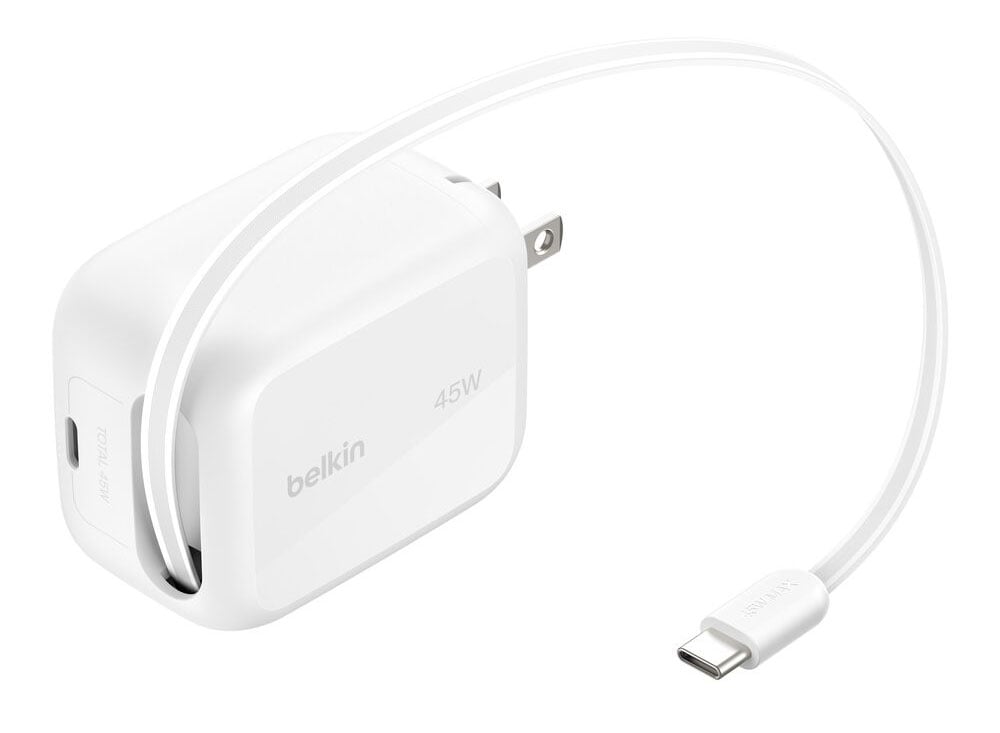 Belkin Retractable GaN Wall Charger 45W with USB-C Cable in White - WCH023DQWH - image 2