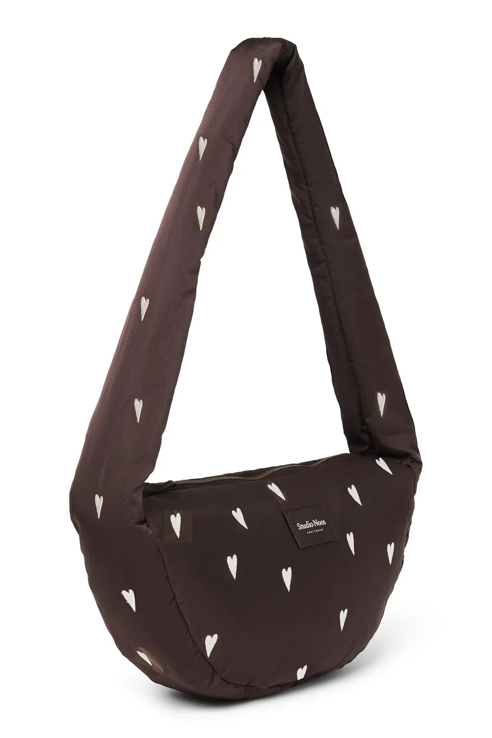 Kleine schoudertas met bruine hartjes in puffy-stijl