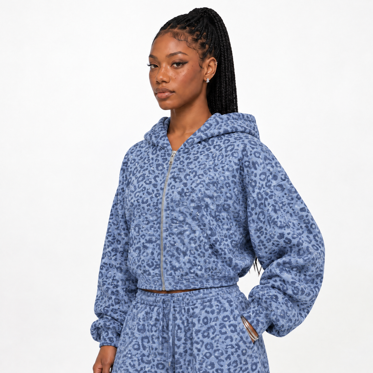 VYBES Women's Blue Leopard Cropped Zip-up