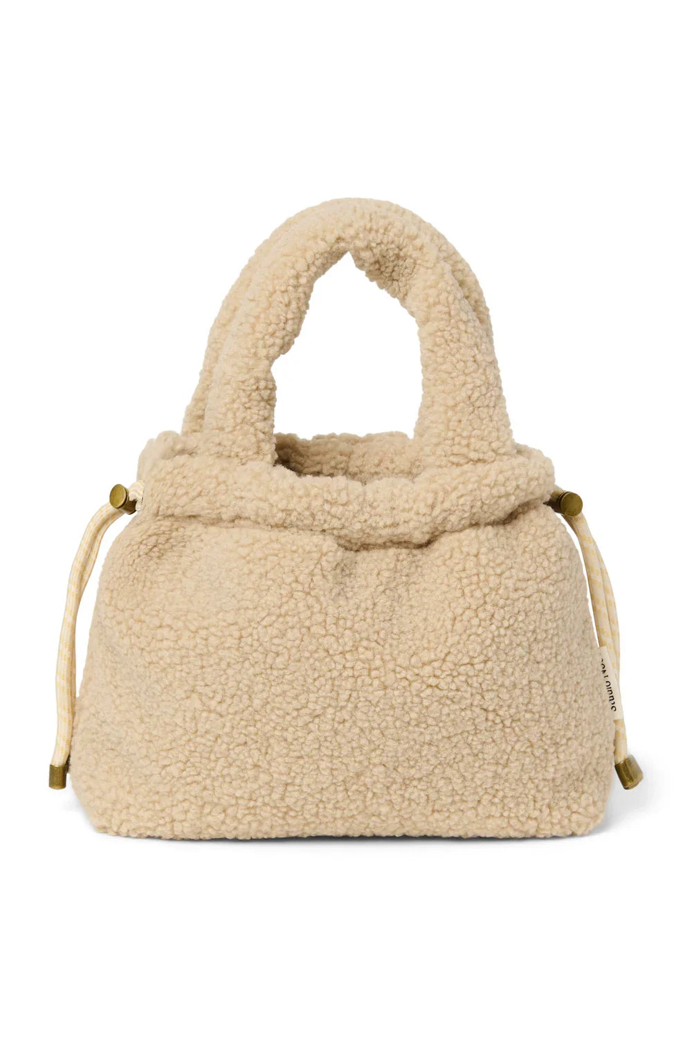 Ecrukleurige teddy mini-tas met trekkoordsluiting