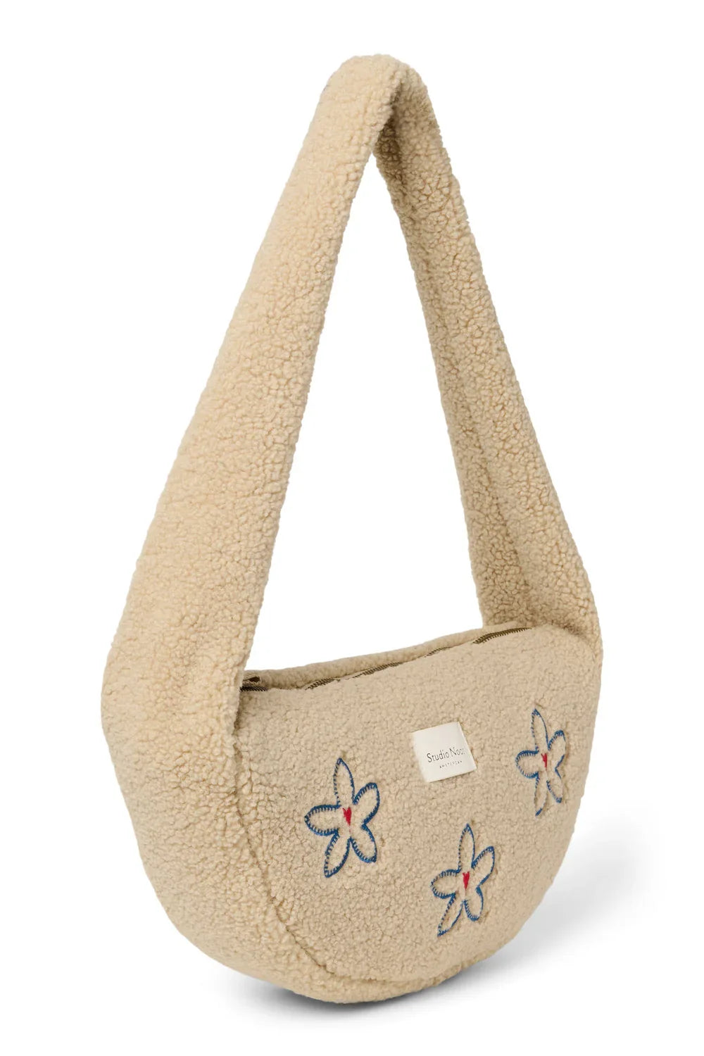 Ecrukleurige mini-crossbodytas met hart en bloemen