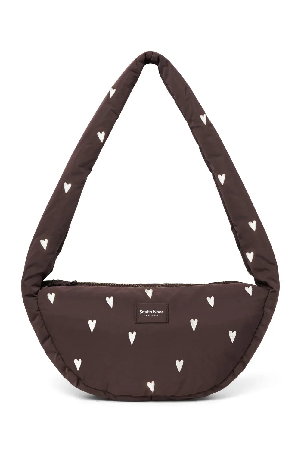 Kleine schoudertas met bruine hartjes in puffy-stijl