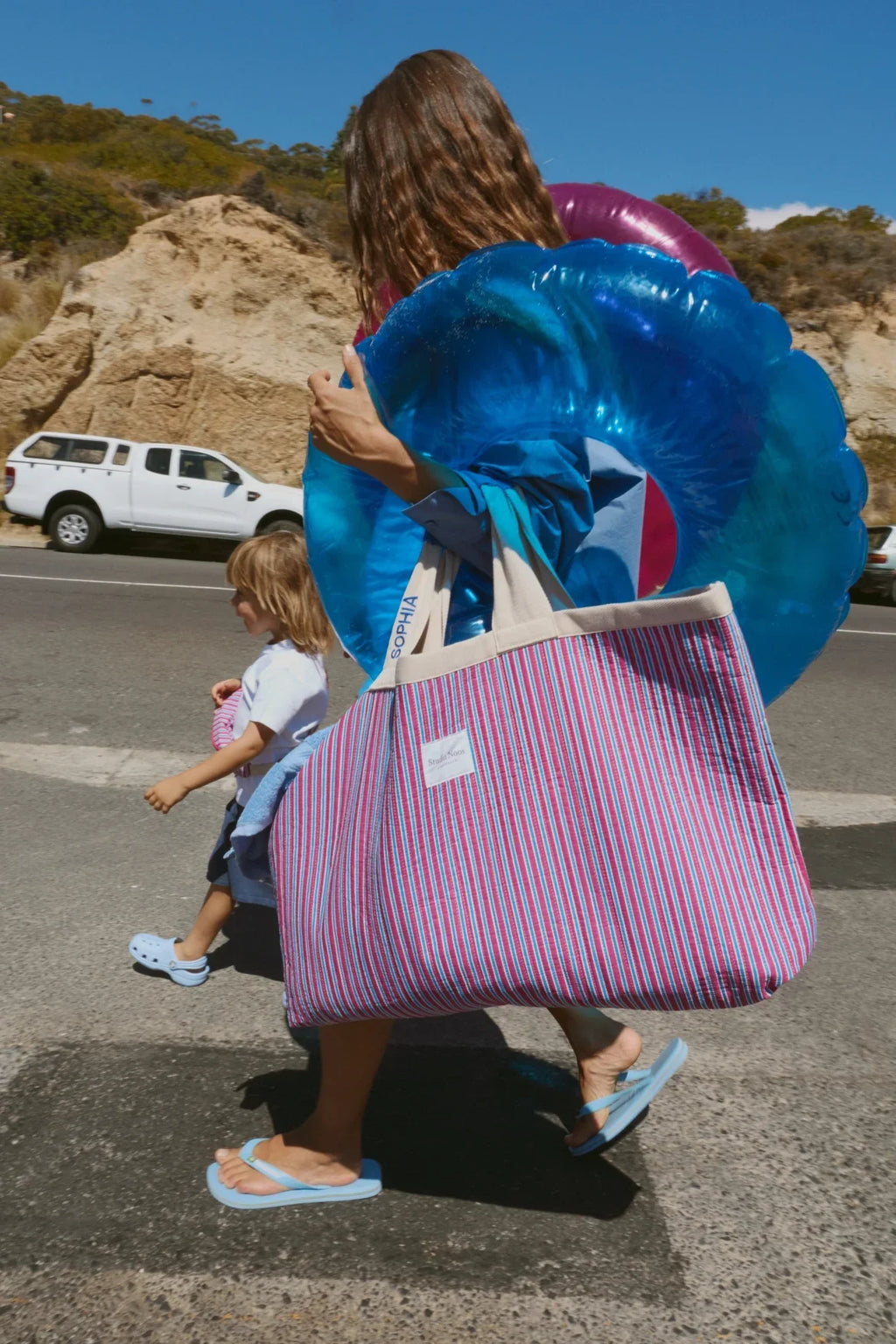 Poplin gestreepte strandtas | Botergeel