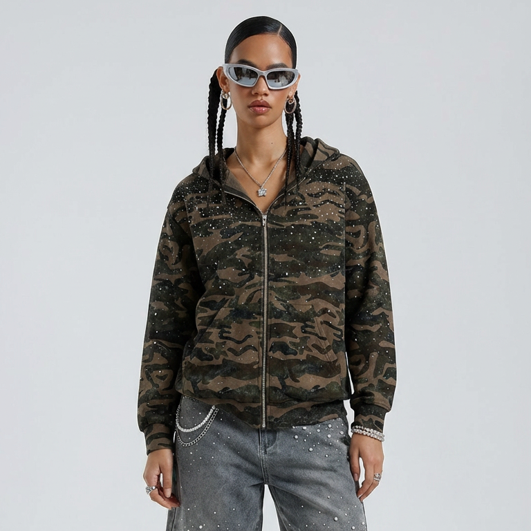 VYBES Rhinestone Camo Zip Hoodie