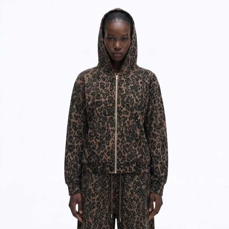 VYBES Rhinestone Leopard Zip Up