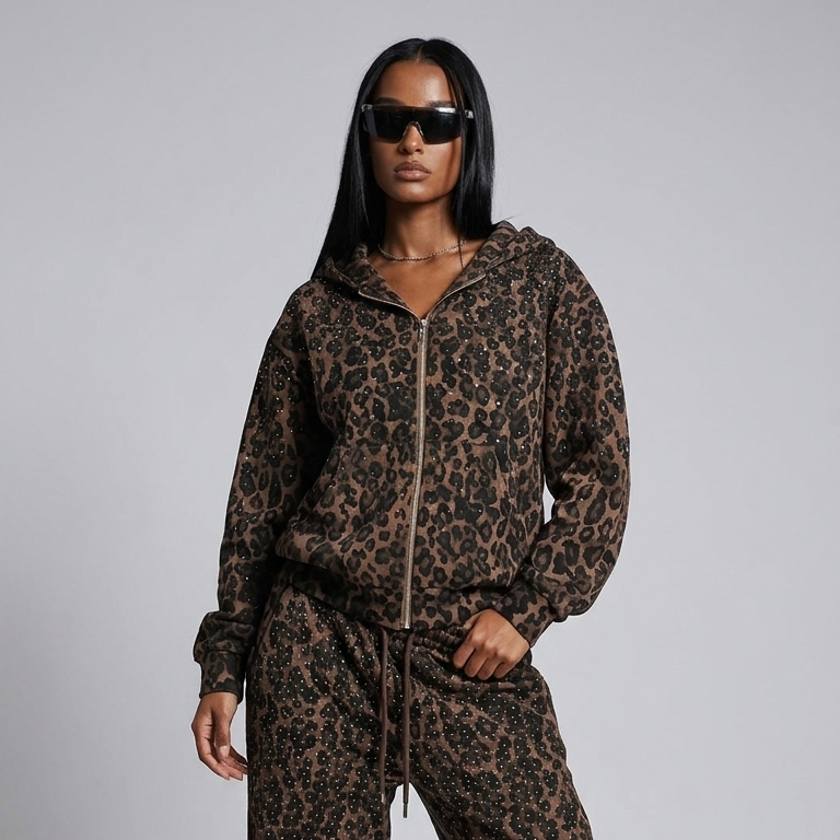 VYBES Rhinestone Leopard Zip Up