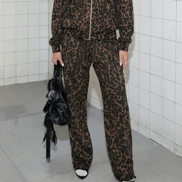 VYBES Rhinestone Leopard Sweatpants