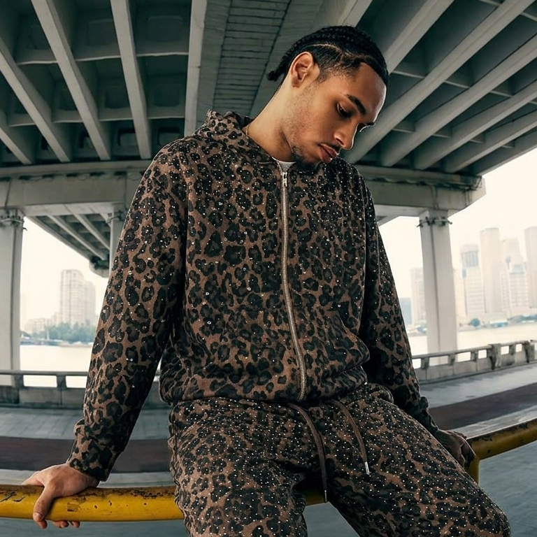 VYBES Rhinestone Leopard Zip Up