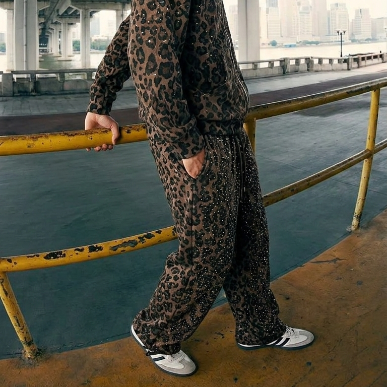 VYBES Rhinestone Leopard Sweatpants