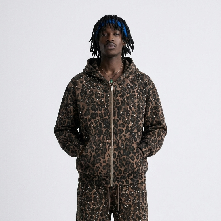 VYBES Rhinestone Leopard Zip Up