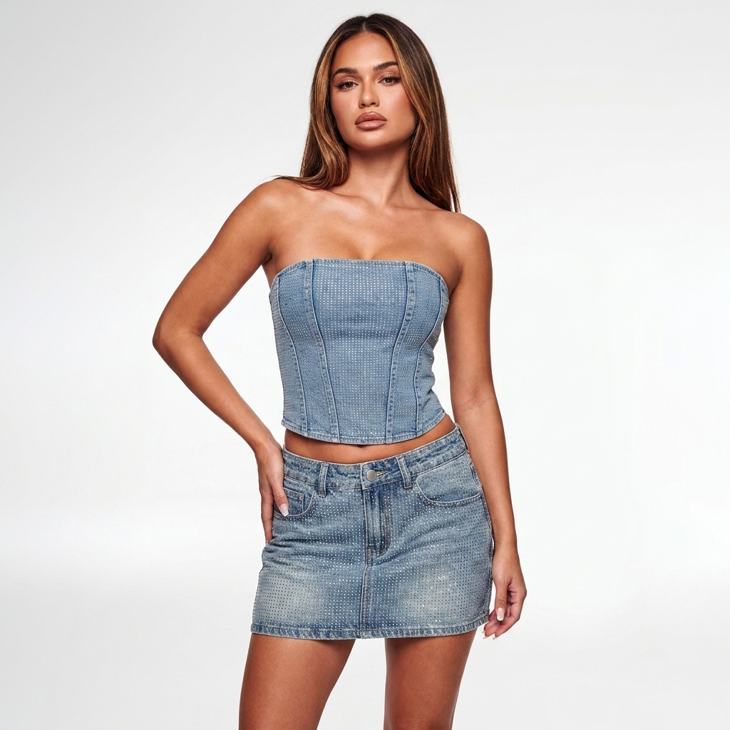 VYBES Rhinestone Denim Skirt