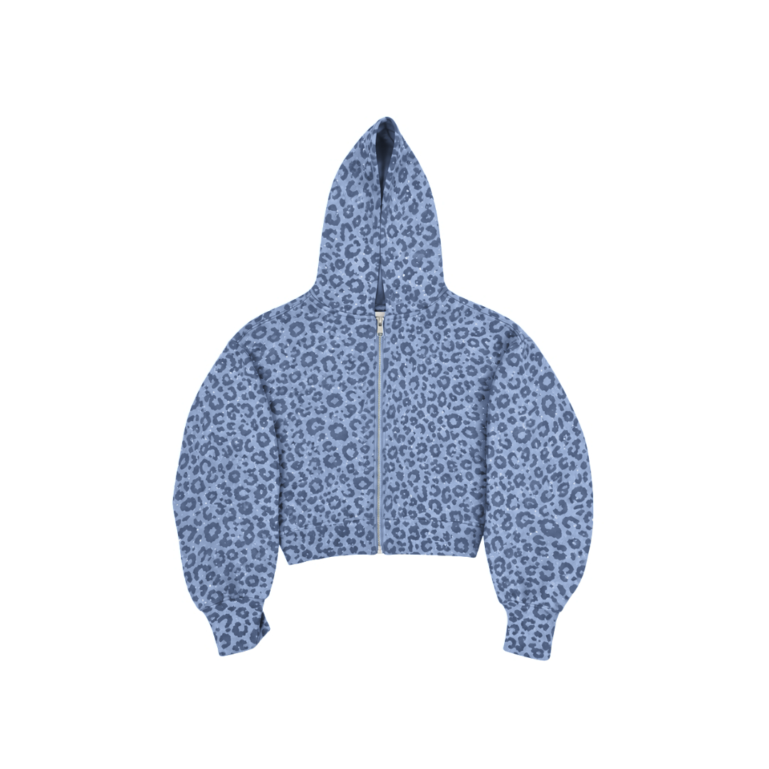 VYBES Women's Blue Leopard Cropped Zip-up